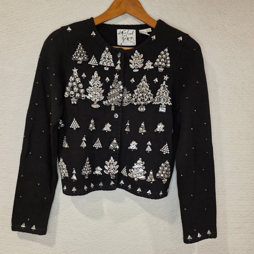 Vtg Michael Simon Sweater Cardigan Black Christmas Trees Beading Crystals Small
